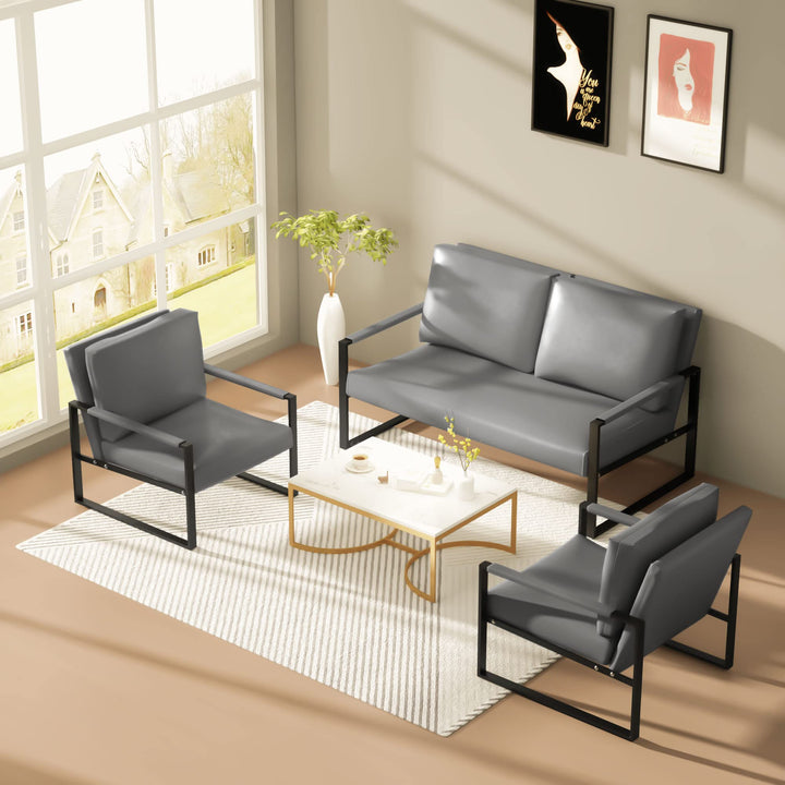 Lamerge Mid-Century Retro Modern Living Room Sofa Set with Loveseat and Seating Sofa Chair, Upholstered Couch and Accent Chair with Armrest, Living Room Set for Small Space, APT, Office (Orange)