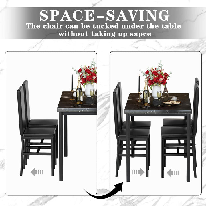 Hooseng 4-Piece Space Saving Kitchen Table with Faux Marble Top and Leather Chairs, Perfect for Small Spaces
