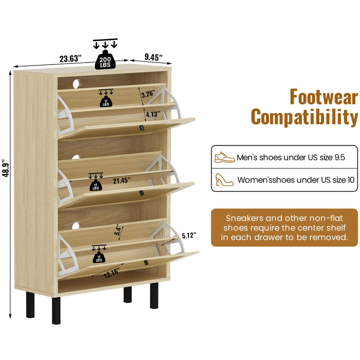 Hooseng Shoe Cabinet, Free Standing Shoe Rack Organizer with 3 Rattan Flip Drawers, Narrow Slim Hidden Shoe Storage Cabinet for Entryway, Hallway, 18 Pairs of Shoes, Heels, Boots, Slippers, Natural