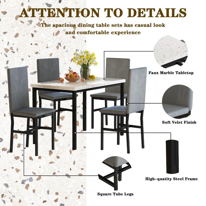 Hooseng 4-Piece Modern Kitchen Table with Faux Marble Top and Blue Velvet Chairs, Perfect for Small Spaces
