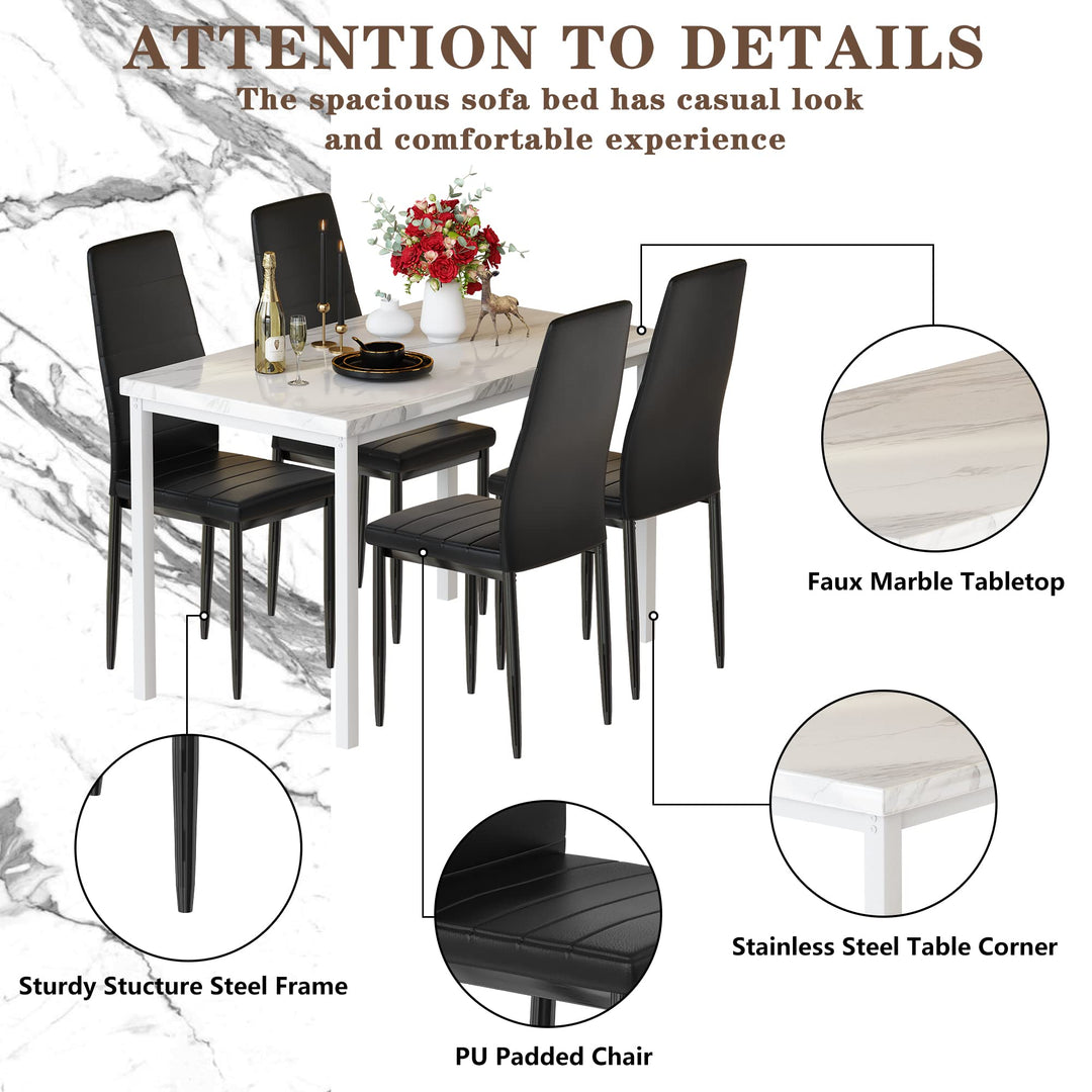 Hooseng 4-Piece Space Saving Kitchen Table with Faux Marble Top and Leather Chairs, Perfect for Small Spaces