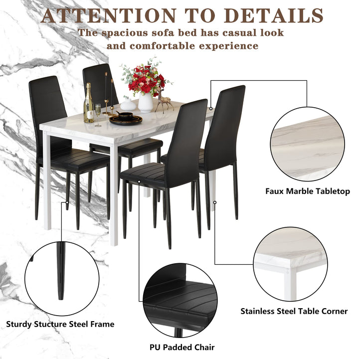Hooseng 4-Piece Space Saving Kitchen Table with Faux Marble Top and Leather Chairs, Perfect for Small Spaces