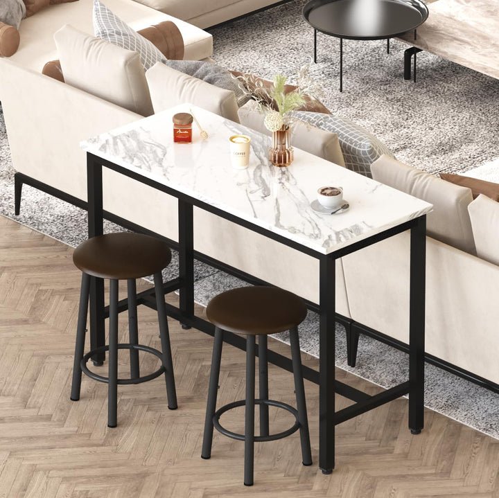 Lamerge Pub Height Set for 4,Kitchen Dining Set with 2 Bar Table Table and 4 PU Leather Stools with Backrest,Faux Marble Table Breakfast Table for Small Space,White & Black & Brown
