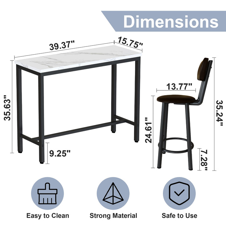 Lamerge Pub Height Set for 4,Kitchen Dining Set with 2 Bar Table Table and 4 PU Leather Stools with Backrest,Faux Marble Table Breakfast Table for Small Space,White & Black & Brown