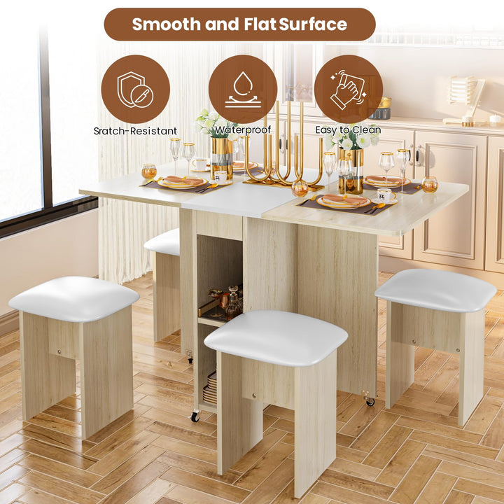 Hooseng Folding Dining Table Set for 4 with Leather Chairs and Shelves