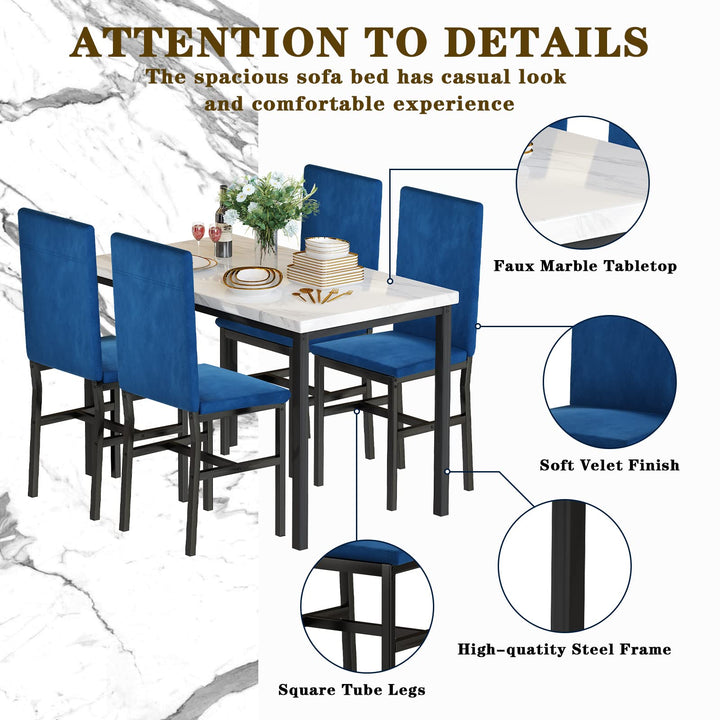 Hooseng 4-Piece Modern Kitchen Table with Faux Marble Top and Blue Velvet Chairs, Perfect for Small Spaces