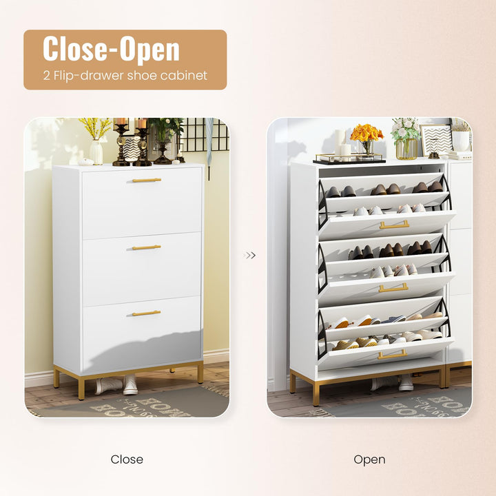 Hooseng Shoe Cabinet, Free Standing Shoe Rack Organizer with 3 Rattan Flip Drawers, Narrow Slim Hidden Shoe Storage Cabinet for Entryway, Hallway, 18 Pairs of Shoes, Heels, Boots, Slippers, Natural
