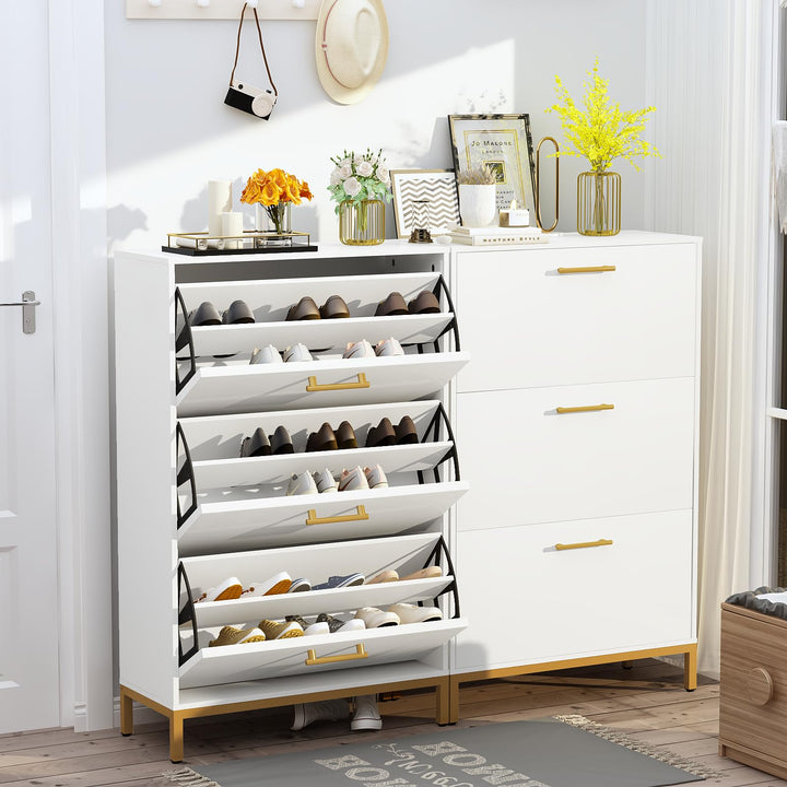 Hooseng Shoe Cabinet, Free Standing Shoe Rack Organizer with 3 Rattan Flip Drawers, Narrow Slim Hidden Shoe Storage Cabinet for Entryway, Hallway, 18 Pairs of Shoes, Heels, Boots, Slippers, Natural