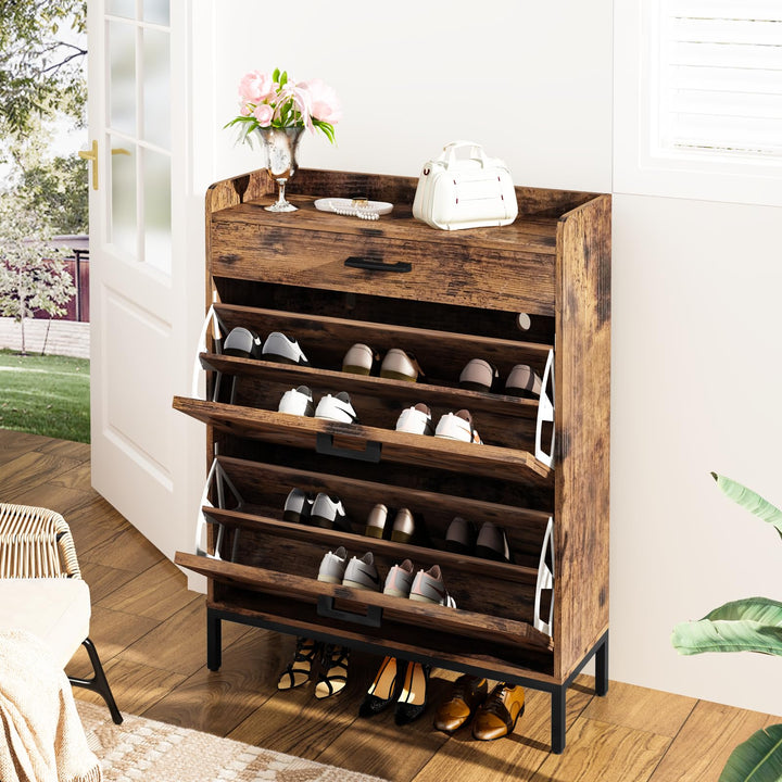 Hooseng Shoe Cabinet, Free Standing Shoe Rack Organizer with 3 Rattan Flip Drawers, Narrow Slim Hidden Shoe Storage Cabinet for Entryway, Hallway, 18 Pairs of Shoes, Heels, Boots, Slippers, Natural