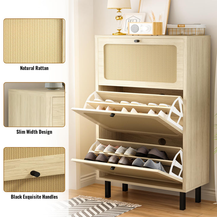 Hooseng Shoe Cabinet, Free Standing Shoe Rack Organizer with 3 Rattan Flip Drawers, Narrow Slim Hidden Shoe Storage Cabinet for Entryway, Hallway, 18 Pairs of Shoes, Heels, Boots, Slippers, Natural