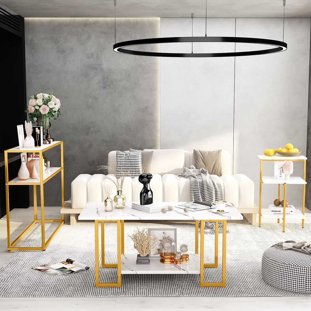 Faux Marble Coffee Table Set with 3-Tier End Table & Console Tables