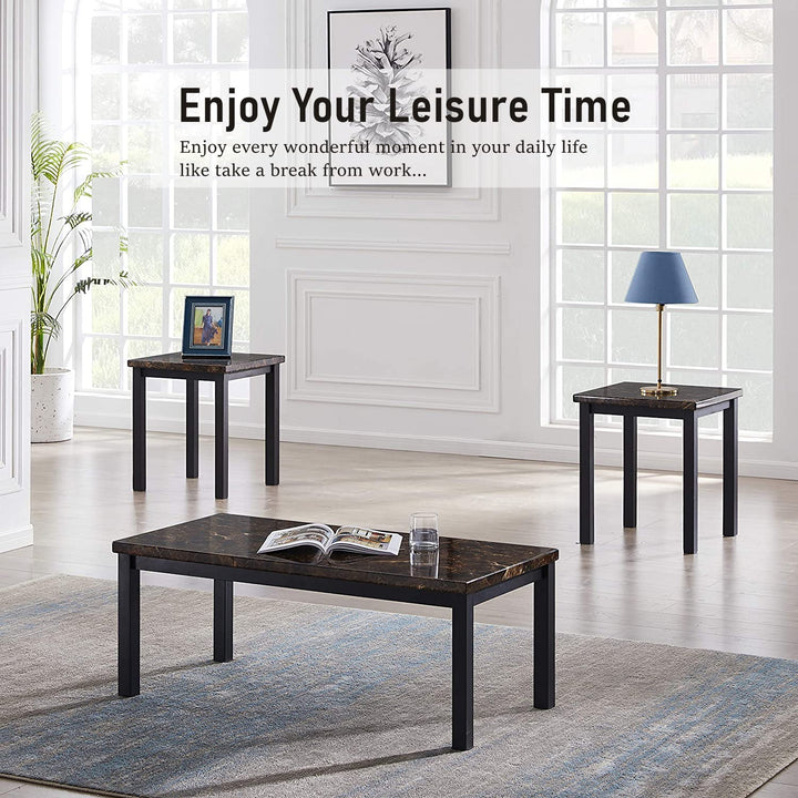 Hooseng Living Room Coffee Table Set-3pcs Faux Marble Living Room Furniture / 2 Side End Tables-Night Stand & Metal Frame-Rectangle, White