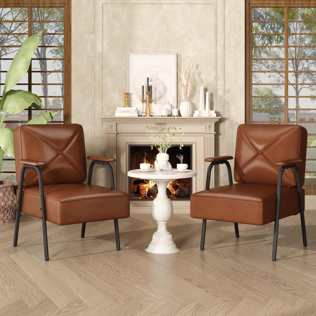 Lamerge Black Small Accent Chair Set of 2, Mid Century Modern Side Chair with Padded Armrests, Retro Faux Leather Arm Chair for Living Room, Bedroom, Office, Reception Room