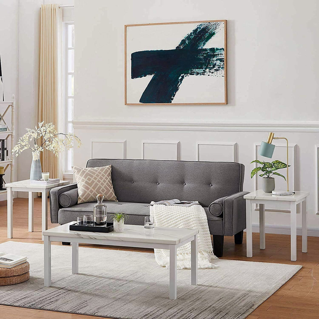 Hooseng 3 Piece Coffee Table Set, Faux Marble Tabletop Style with Black Metal Frame Sofa Side Tables Perfect for Living Room Accent Furniture,Includes Table & 2 End Tables, Brown