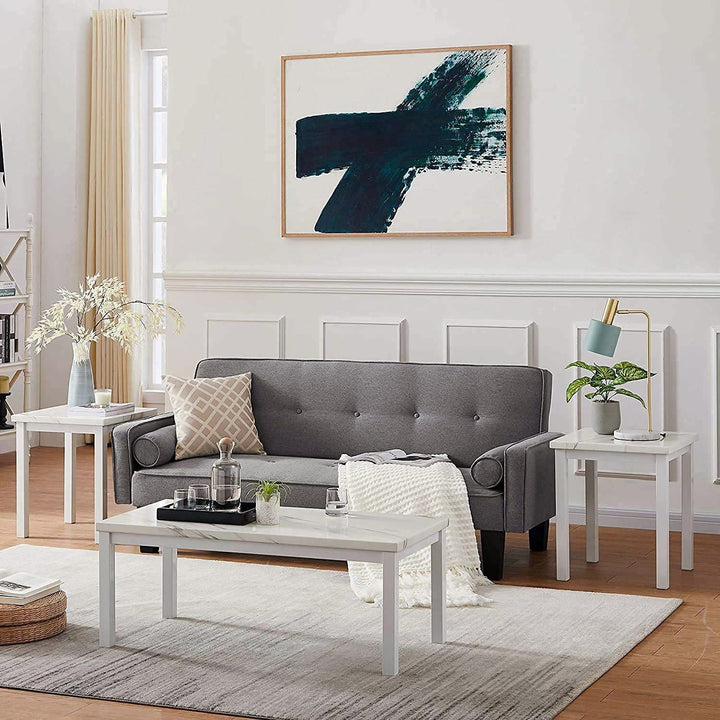 Hooseng Living Room Coffee Table Set-3pcs Faux Marble Living Room Furniture / 2 Side End Tables-Night Stand & Metal Frame-Rectangle, White