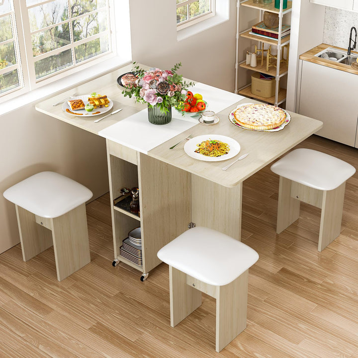 Hooseng Folding Dining Table Set for 4 with Leather Chairs and Shelves