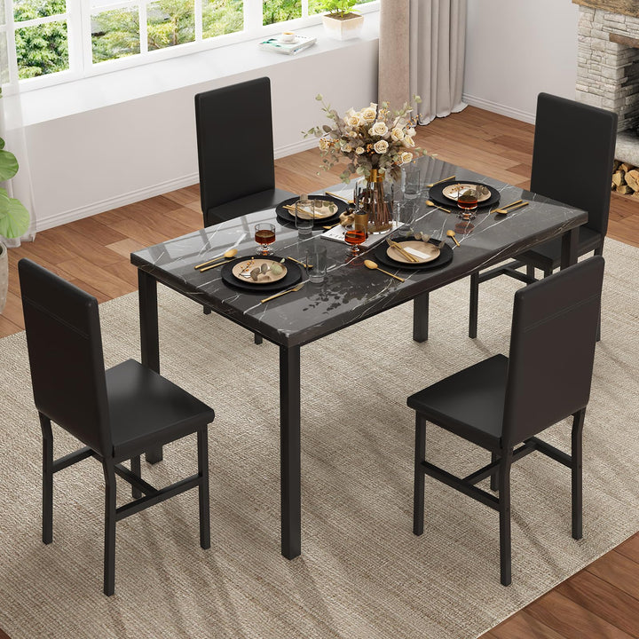 Hooseng 4-Piece Space Saving Kitchen Table with Faux Marble Top and Leather Chairs, Perfect for Small Spaces