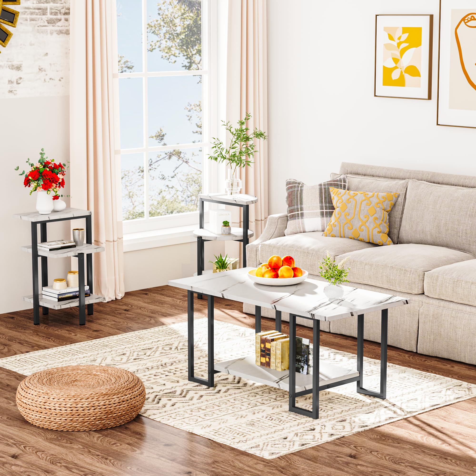 3-Piece Faux Marble Coffee Table Set with 2 End Table | AWQM