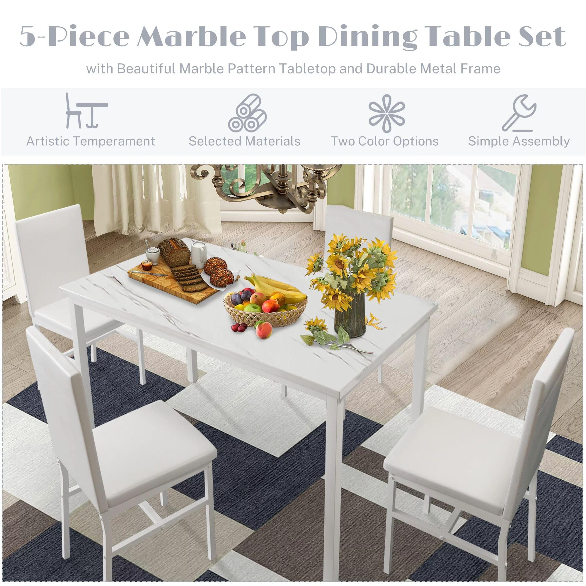 Hooseng 4 Piece Modern Kitchen Table with Faux Marble Top and Blue Vel Hooseng Furniture
