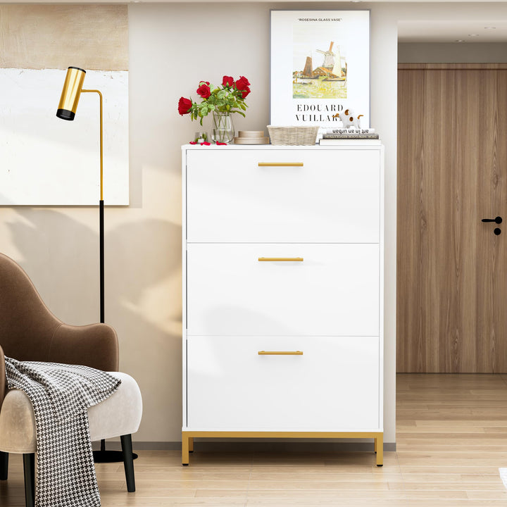 Hooseng Shoe Cabinet, Free Standing Shoe Rack Organizer with 3 Rattan Flip Drawers, Narrow Slim Hidden Shoe Storage Cabinet for Entryway, Hallway, 18 Pairs of Shoes, Heels, Boots, Slippers, Natural
