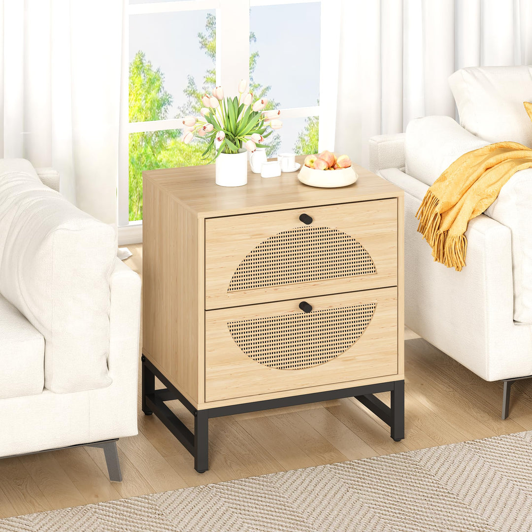Lamerge Rattan Nightstands Set of 2, Boho Night Stands with Drawers & Metal Leg,Wood Bed Side Tables End Table for Bedroom, Living Room-Beige