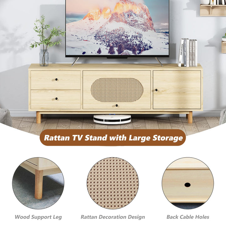 Lamerge Boho TV Stand with Rattan Door, Modern Entertainment Center for 70 Inch TV, Media Console Table with Cabinet Storage and 2 Drawers, Farmhouse TV Cabinet for Living Room, Bedroom, Oak