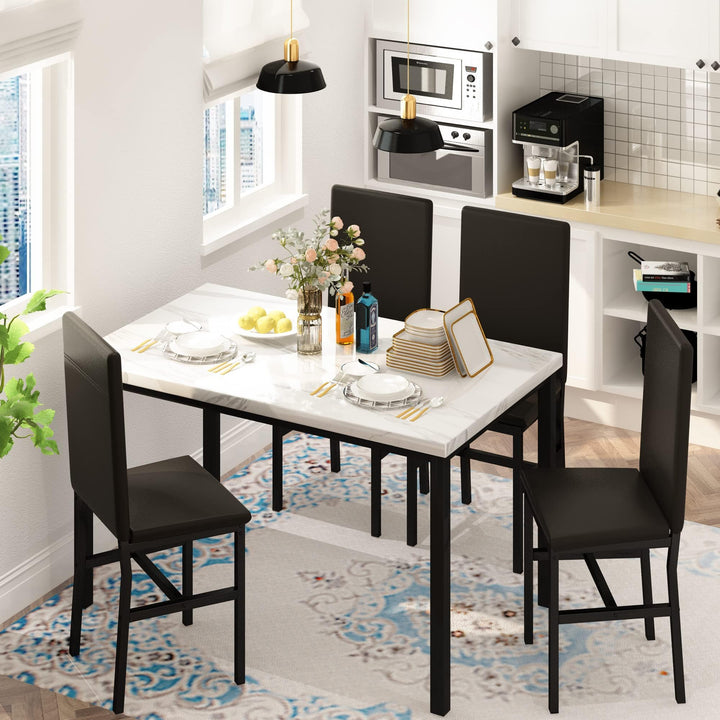 Hooseng 4-Piece Space Saving Kitchen Table with Faux Marble Top and Leather Chairs, Perfect for Small Spaces