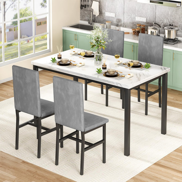 Hooseng Dining Table Set for 4 with Faux Marble Top and Upholstered Velvet Chairs