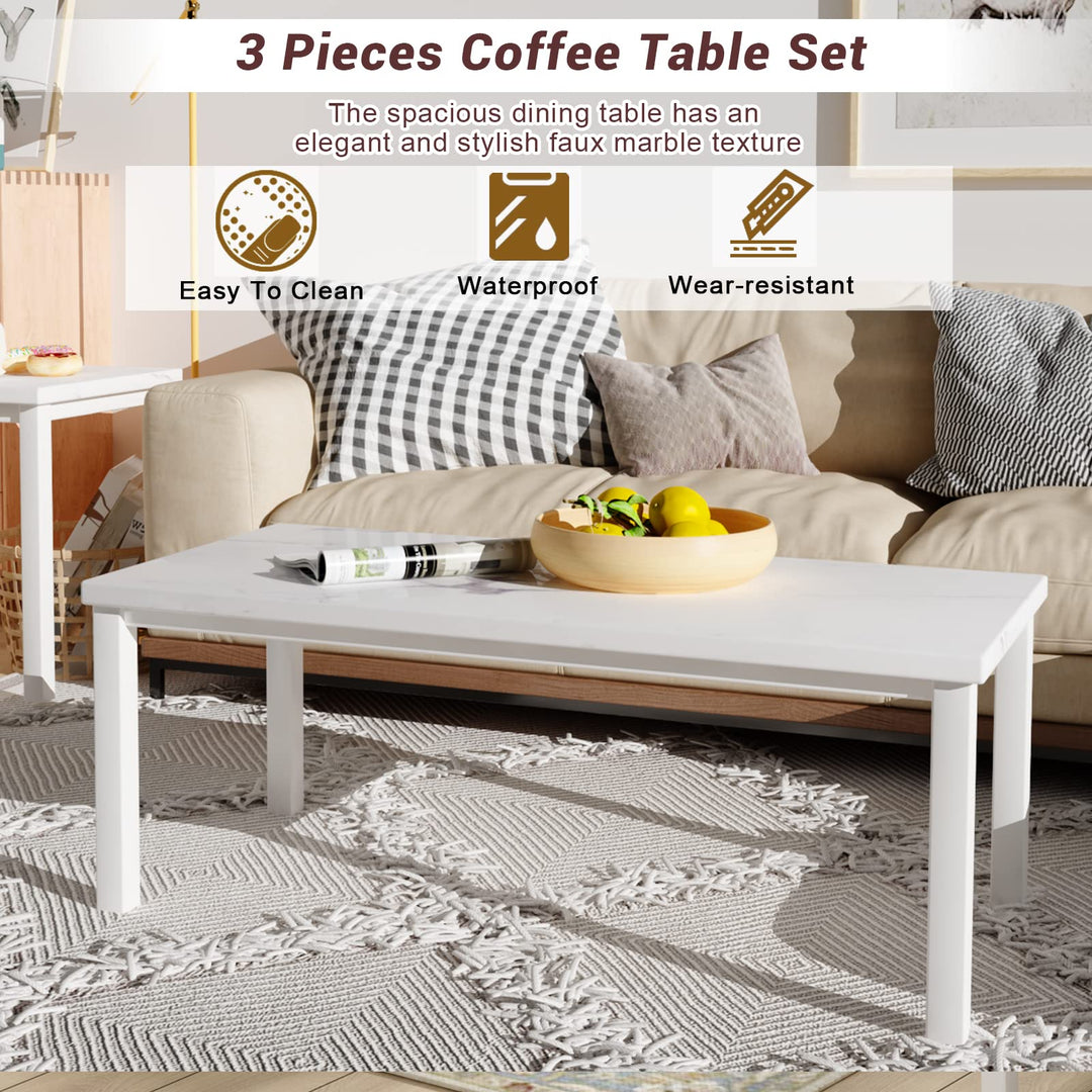 Hooseng Living Room Coffee Table Set-3pcs Faux Marble Living Room Furniture / 2 Side End Tables-Night Stand & Metal Frame-Rectangle, White