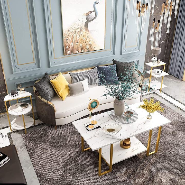 Modern 3-Piece Faux Marble Coffee Table Set with Metal Legs