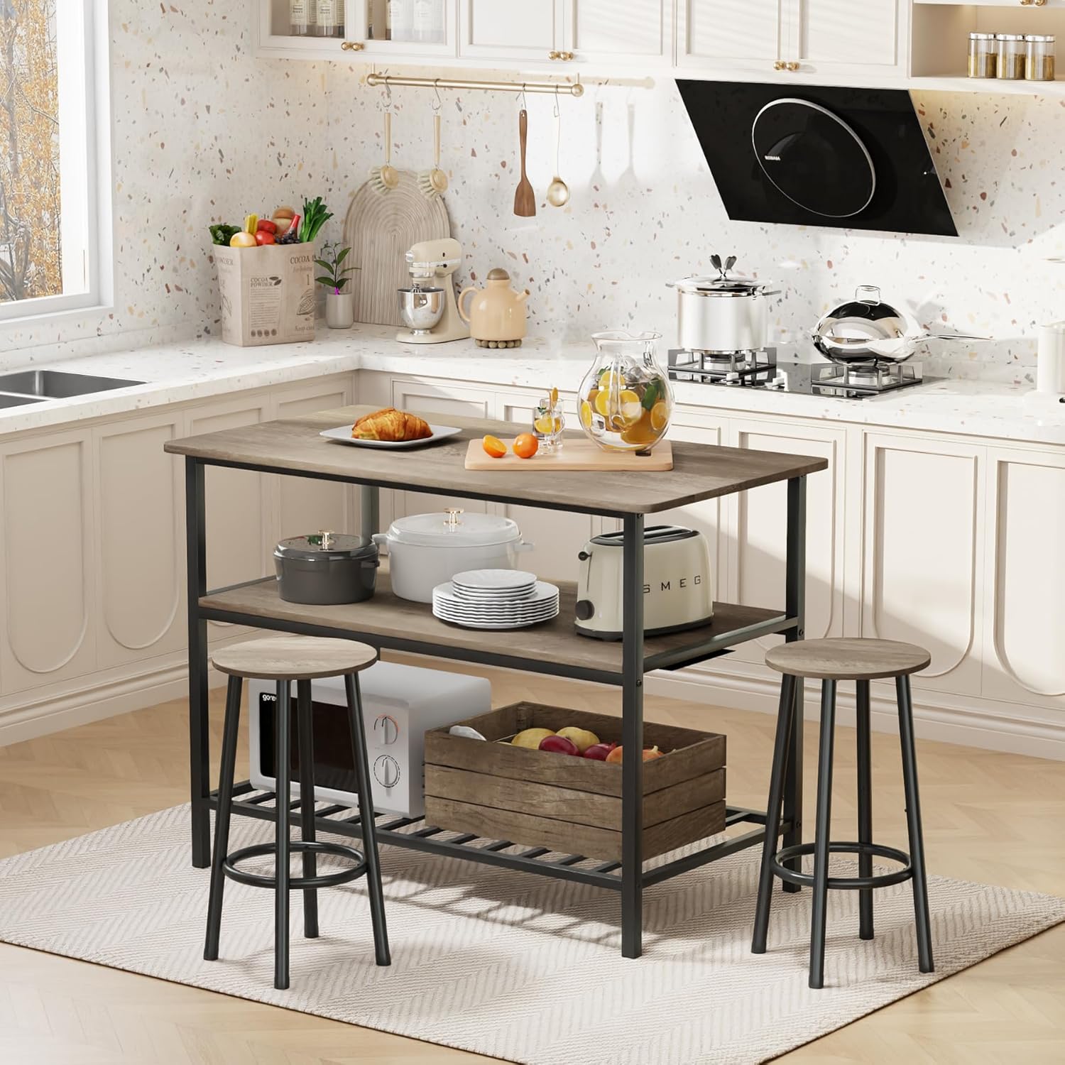 Lamerge Kitchen Island Table Set 3 Piece Kitchen Island with Seating and Storage Dining Table and Chairs Set for 2 with 3 Shelves Wooden Height