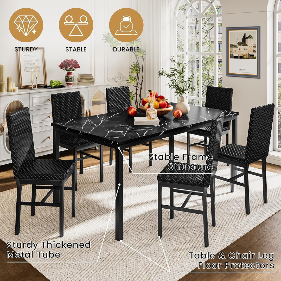 7-Piece Dining Table Set with Faux Marble Table Top