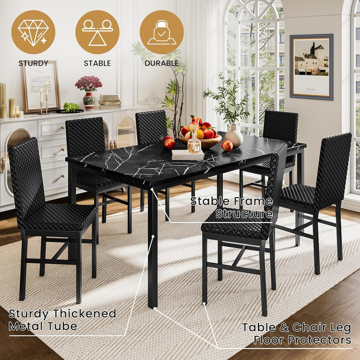 7-Piece Dining Table Set with Faux Marble Table Top