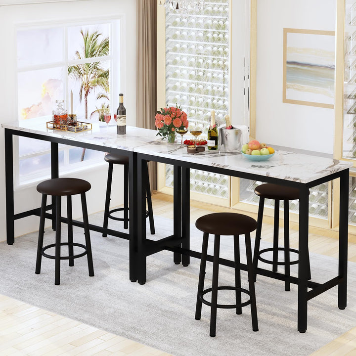 Lamerge Pub Height Set for 4,Kitchen Dining Set with 2 Bar Table Table and 4 PU Leather Stools with Backrest,Faux Marble Table Breakfast Table for Small Space,White & Black & Brown