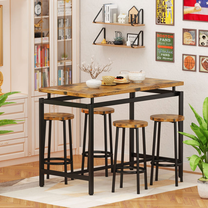 Hooseng 5 Pcs Dining Table Set, Industrial Kitchen Table and Chairs for 4, Bar Table Set Height for 35.4'', Counter Height Table with 4 Stools for Home Kitchen,Breakfast Nook,Restaurant,Pub