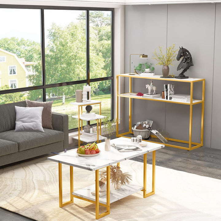 Faux Marble Coffee Table Set with 3-Tier End Table & Console Tables