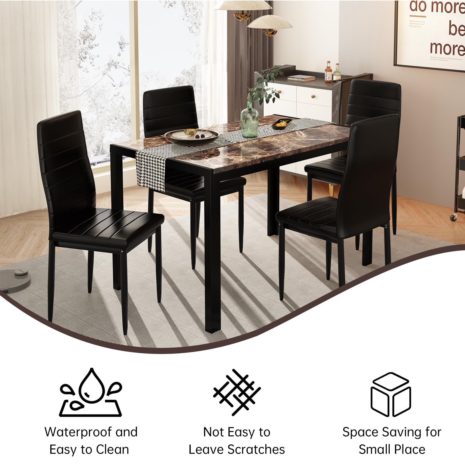 Set Of 4 Modern Dining Chairs – Black PU Cushion, Waterproof, Leather Look – For Home Kitchen
