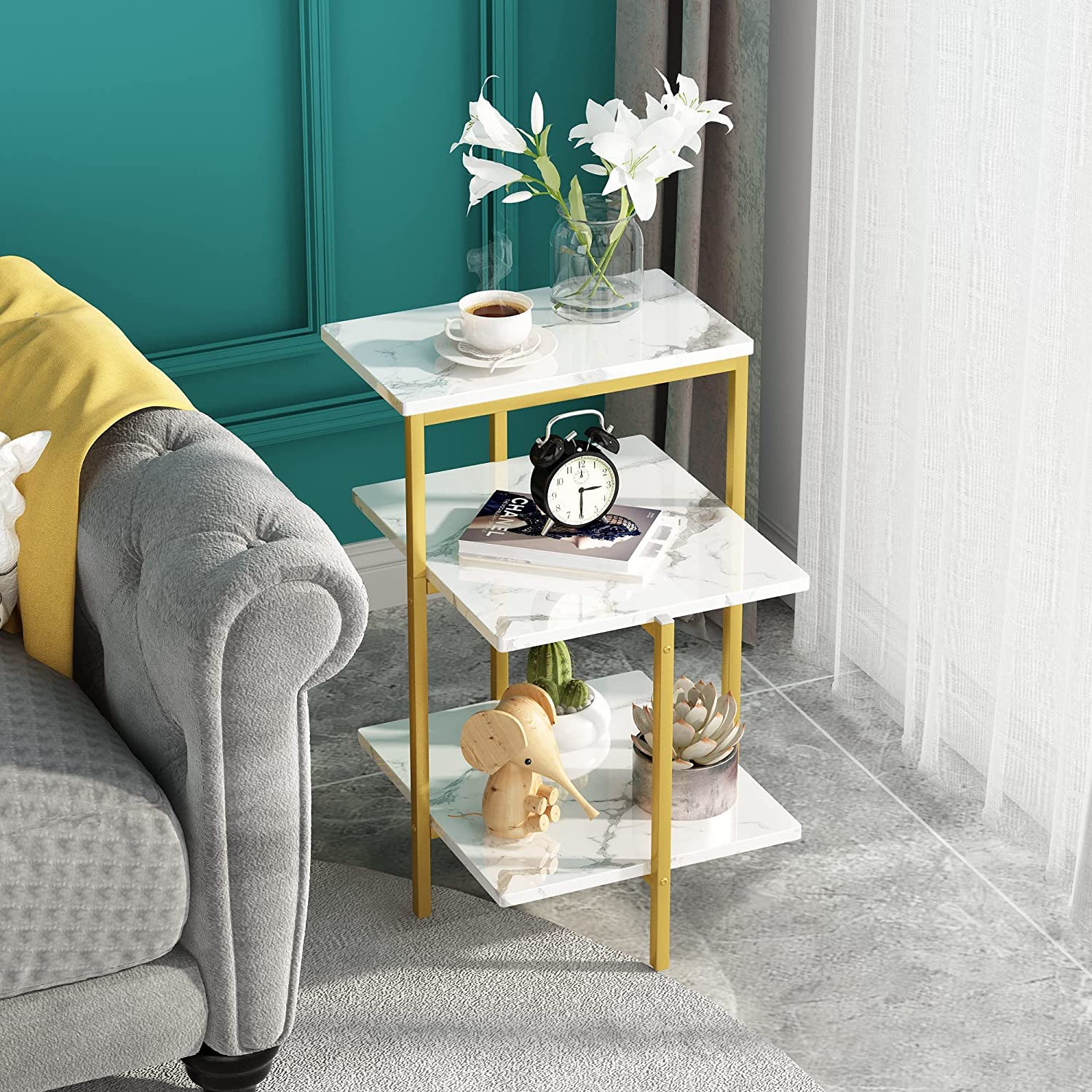 Lamerge White and Gold End Table 3 Tier Faux Marble Side Table Small Round Coffee Table w Metal Frame Bedside Tables Nightstand for bedroom Small
