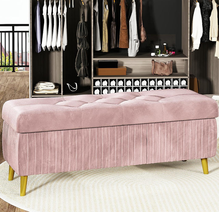 Lamerge Large Upholstered Velvet Storage Ottoman,End of Bed Bench,Flip Top Entryway Bench,Tufted Foot Rest Stool,Can Used as Tea Table,Vanity Bench,Livingroom Chair,47.24" W,Golden & Pink