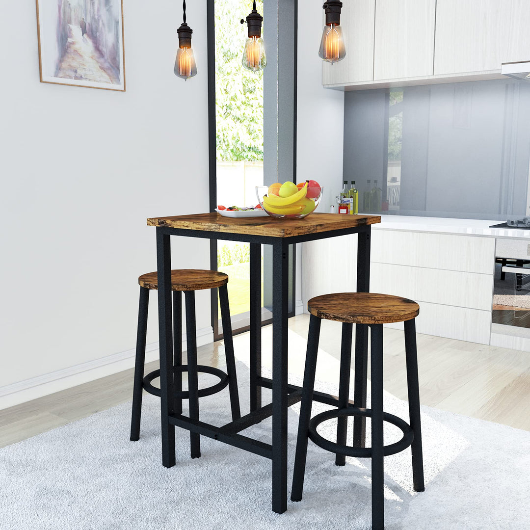 Hooseng Bar Table Set, 3 Piece Dining Table Set, Breakfast Bar Table for 2, Rectangle Kitchen Table Set with Steel Frame Pub Table for Small Space, Farmhouse, Cafe, Kitchen, Dining, Rustic Brown