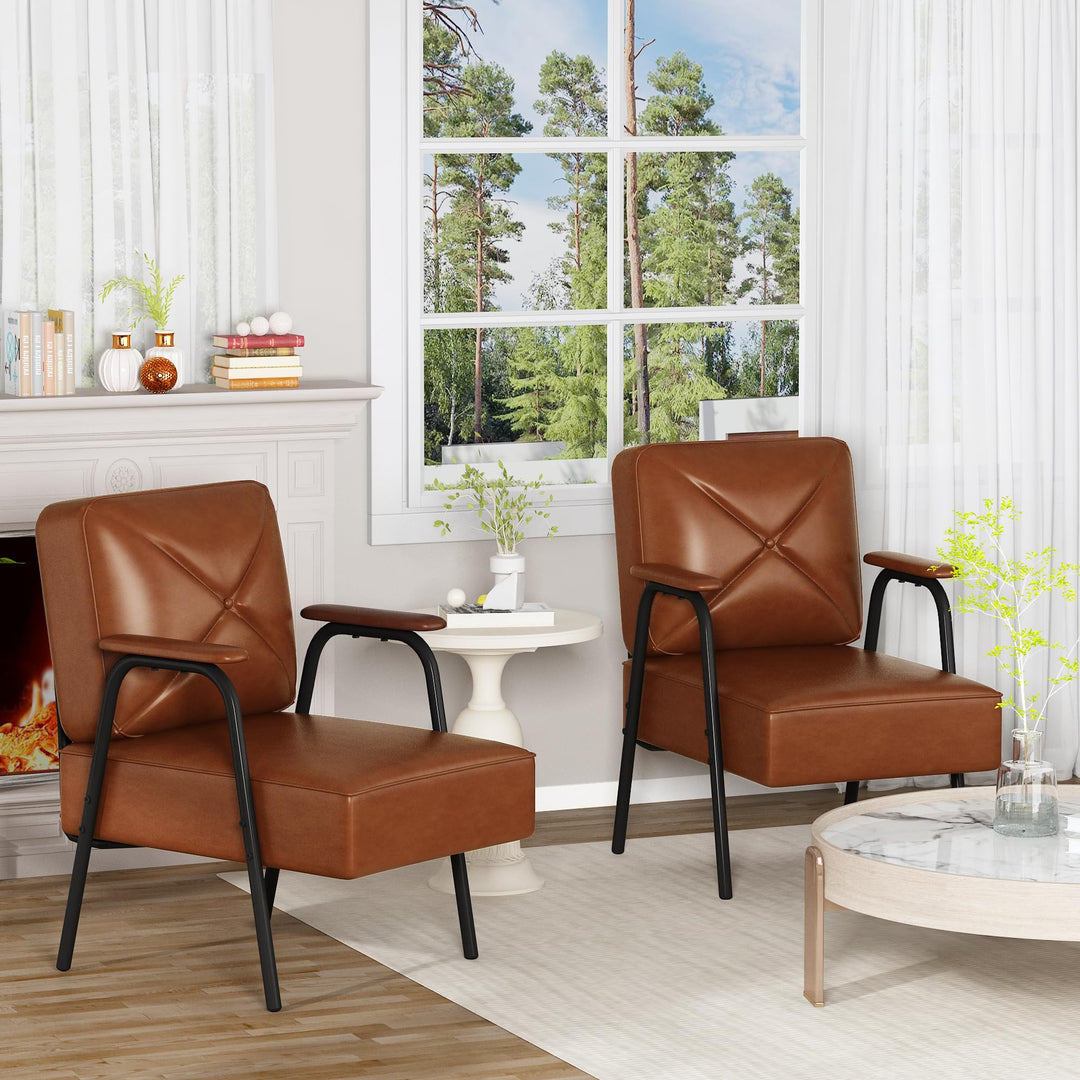 Lamerge Black Small Accent Chair Set of 2, Mid Century Modern Side Chair with Padded Armrests, Retro Faux Leather Arm Chair for Living Room, Bedroom,