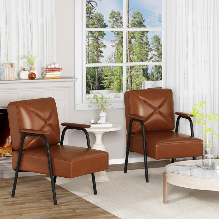 Lamerge Black Small Accent Chair Set of 2, Mid Century Modern Side Chair with Padded Armrests, Retro Faux Leather Arm Chair for Living Room, Bedroom, Office, Reception Room