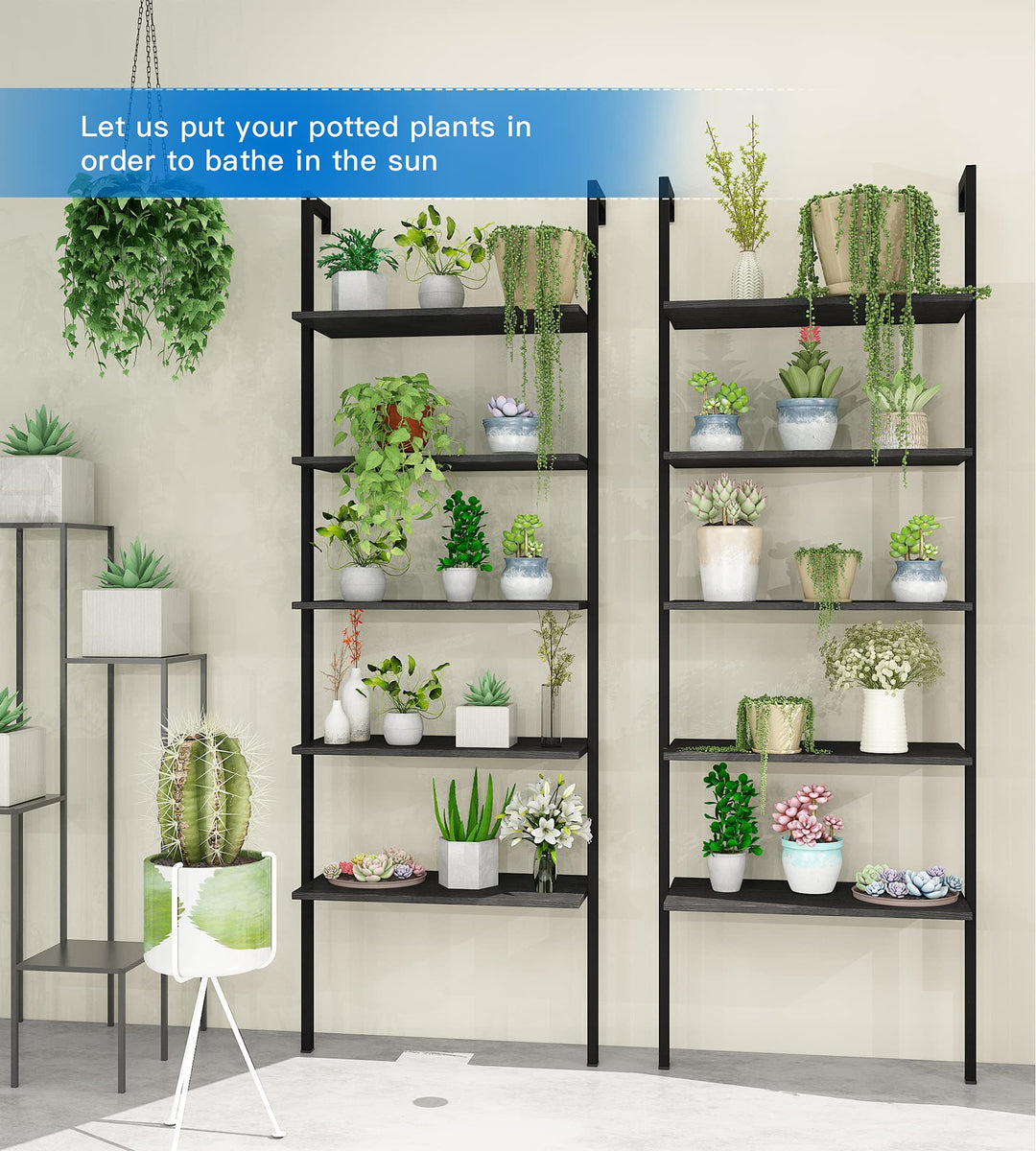 Hooseng Open Wall Mount Bookcase, Modern 5-Shelf Ladder Shelf w/Industrial Metal + Manufactured Wood Storage Organizer, Plant Display Rack, Stand Bookshelf for Home Office, Black