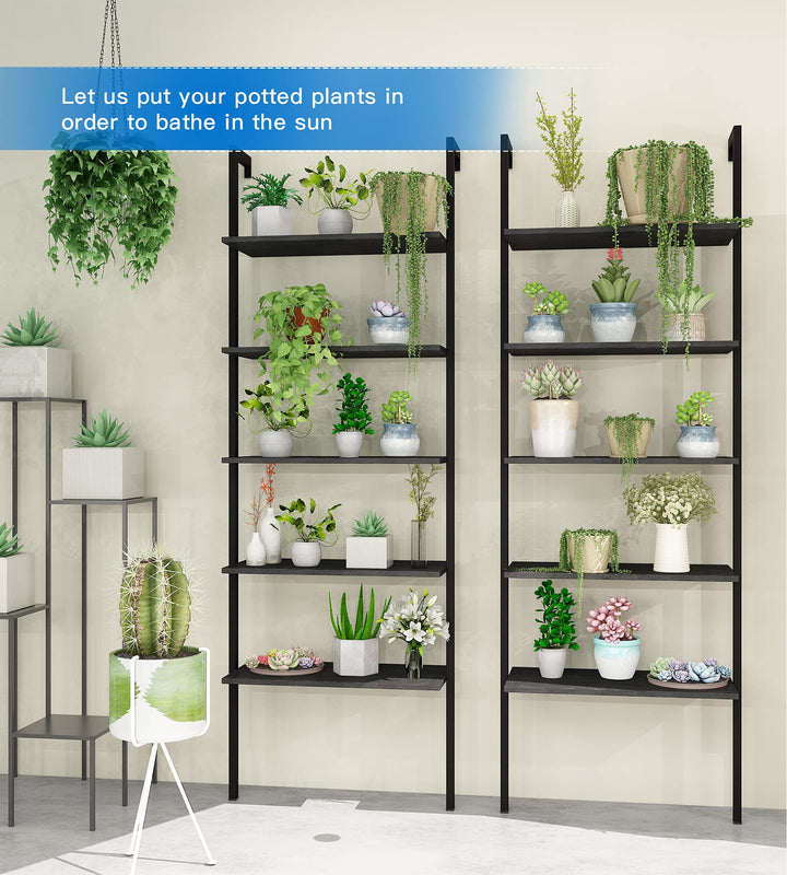 Hooseng Open Wall Mount Bookcase, Modern 5-Shelf Ladder Shelf w/Industrial Metal + Manufactured Wood Storage Organizer, Plant Display Rack, Stand Bookshelf for Home Office, Black