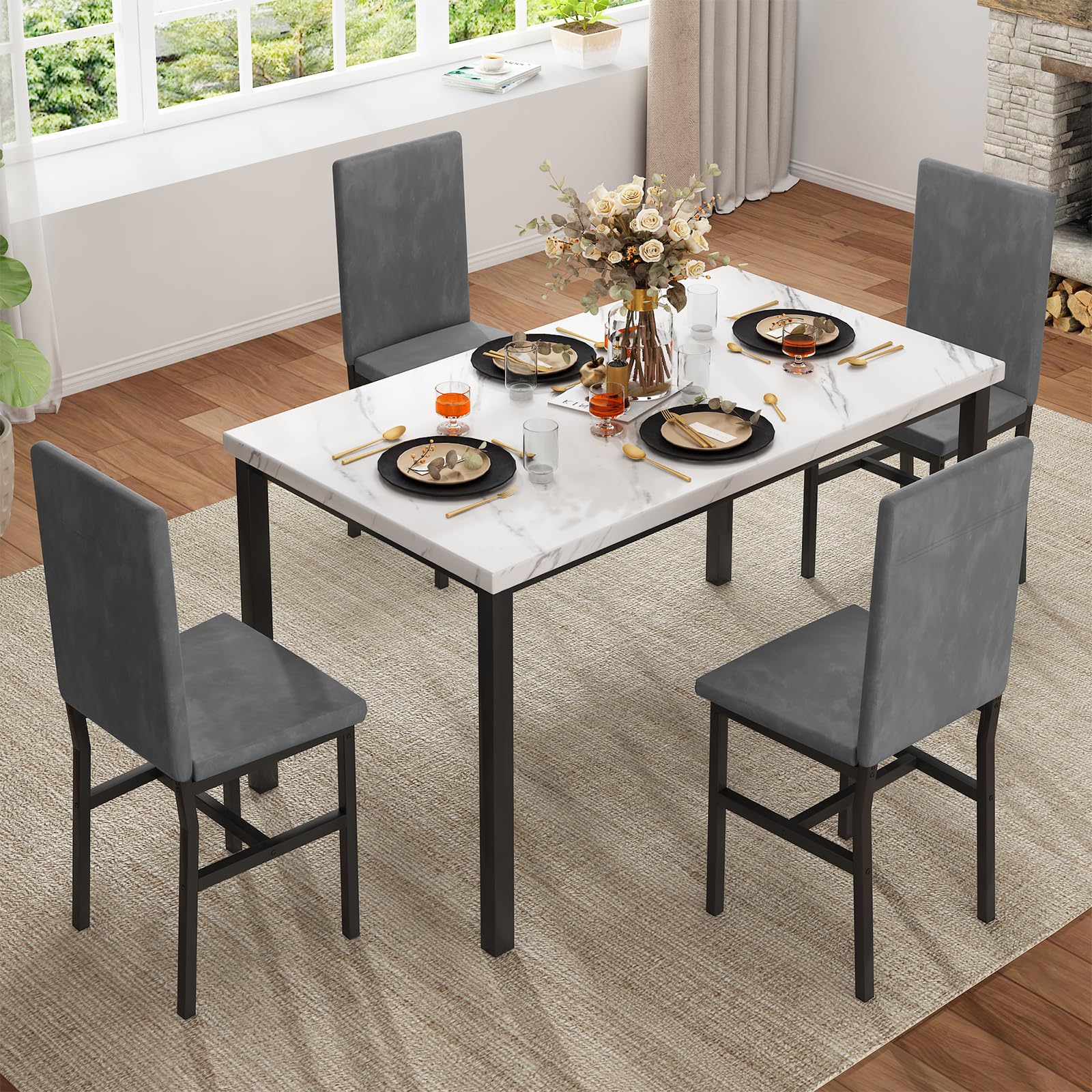 Hooseng Dining Table Set for 4 with Faux Marble Top and