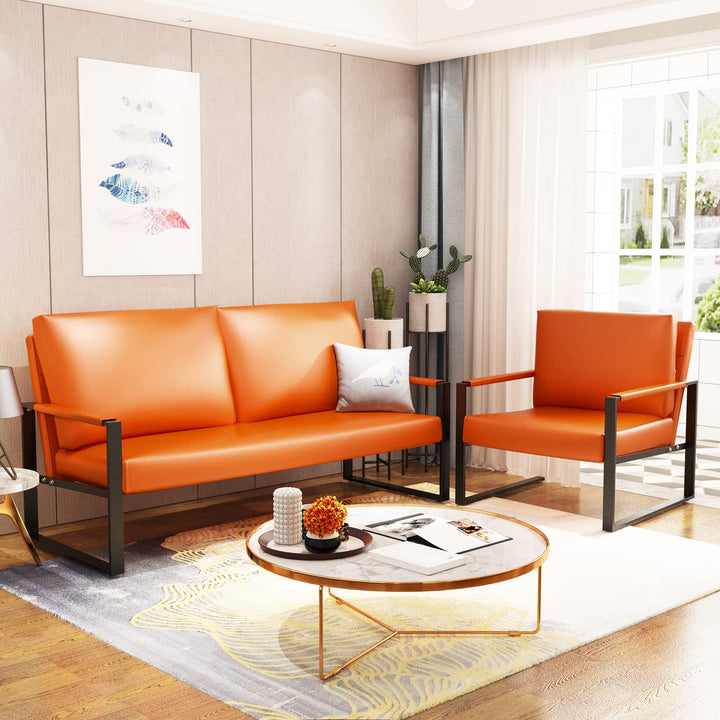 Lamerge Mid-Century Retro Modern Living Room Sofa Set with Loveseat and Seating Sofa Chair, Upholstered Couch and Accent Chair with Armrest, Living Room Set for Small Space, APT, Office (Orange)