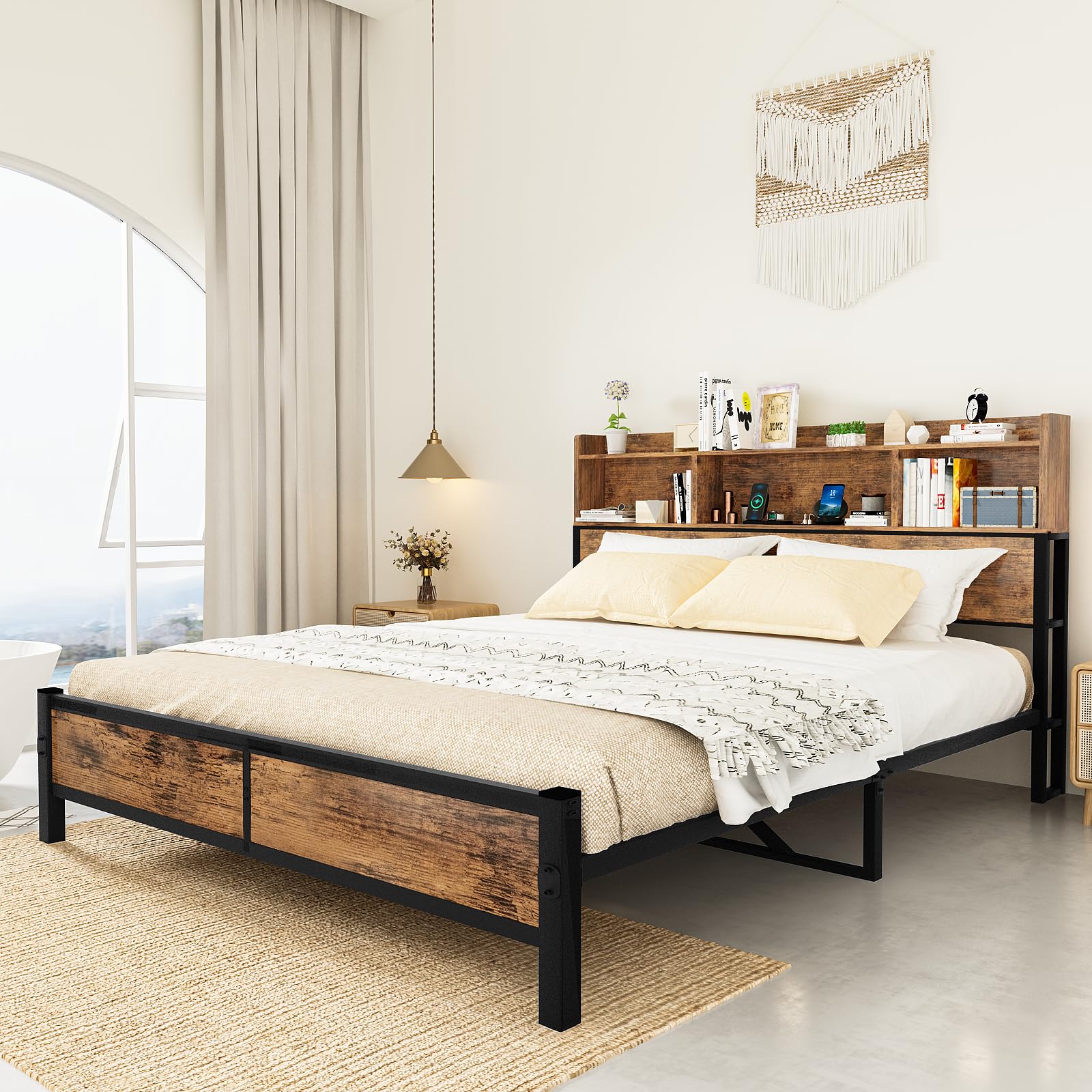 Lamerge Queen Bed Frame with Storage Headboard and Charging