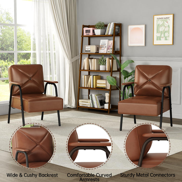 Lamerge Black Small Accent Chair Set of 2, Mid Century Modern Side Chair with Padded Armrests, Retro Faux Leather Arm Chair for Living Room, Bedroom, Office, Reception Room