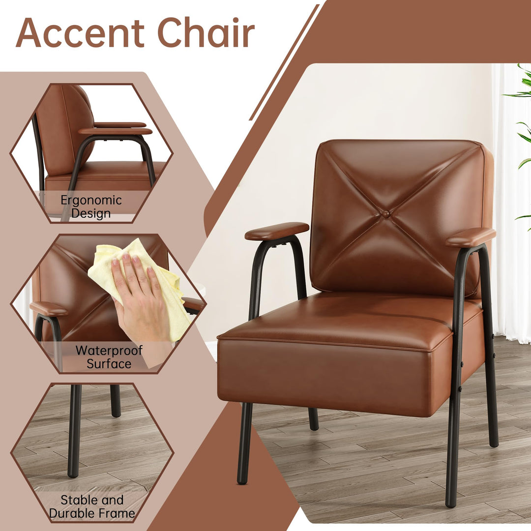 Lamerge Black Small Accent Chair Set of 2, Mid Century Modern Side Chair with Padded Armrests, Retro Faux Leather Arm Chair for Living Room, Bedroom, Office, Reception Room