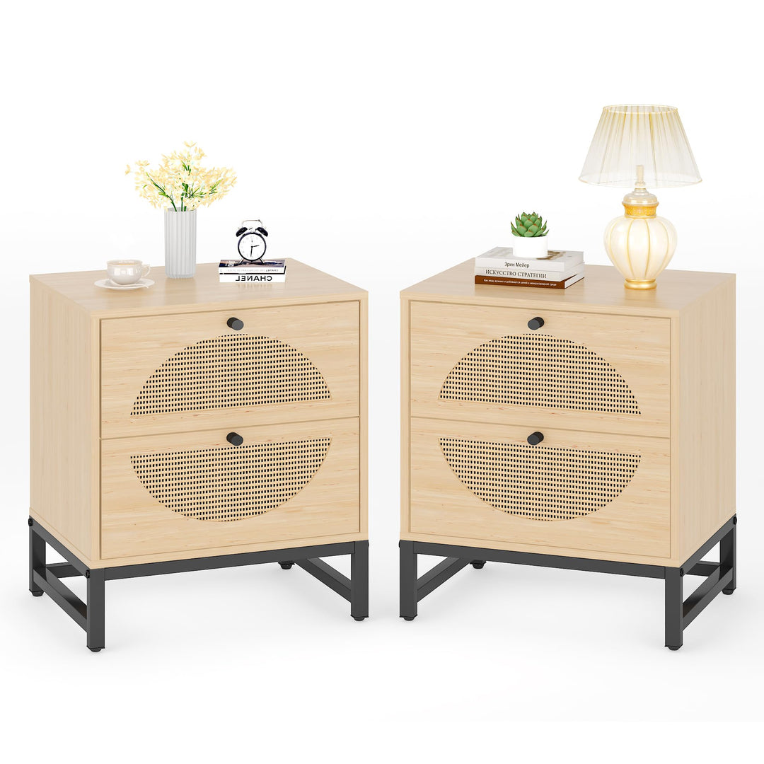 Lamerge Rattan Nightstands Set of 2, Boho Night Stands with Drawers & Metal Leg,Wood Bed Side Tables End Table for Bedroom, Living Room-Beige